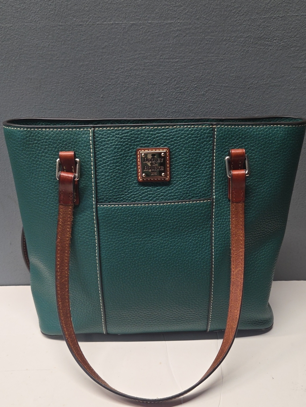 Dooney & Bourke Green Pebble Leather Tote with Brown Straps